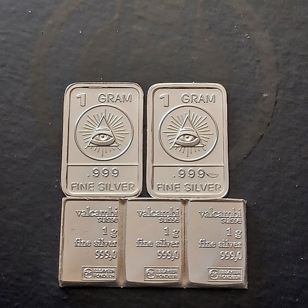 5 Gram Silver Bundle (2x) All Seeing Eye + (3x) Valcambi Silver Bars .999 Fine